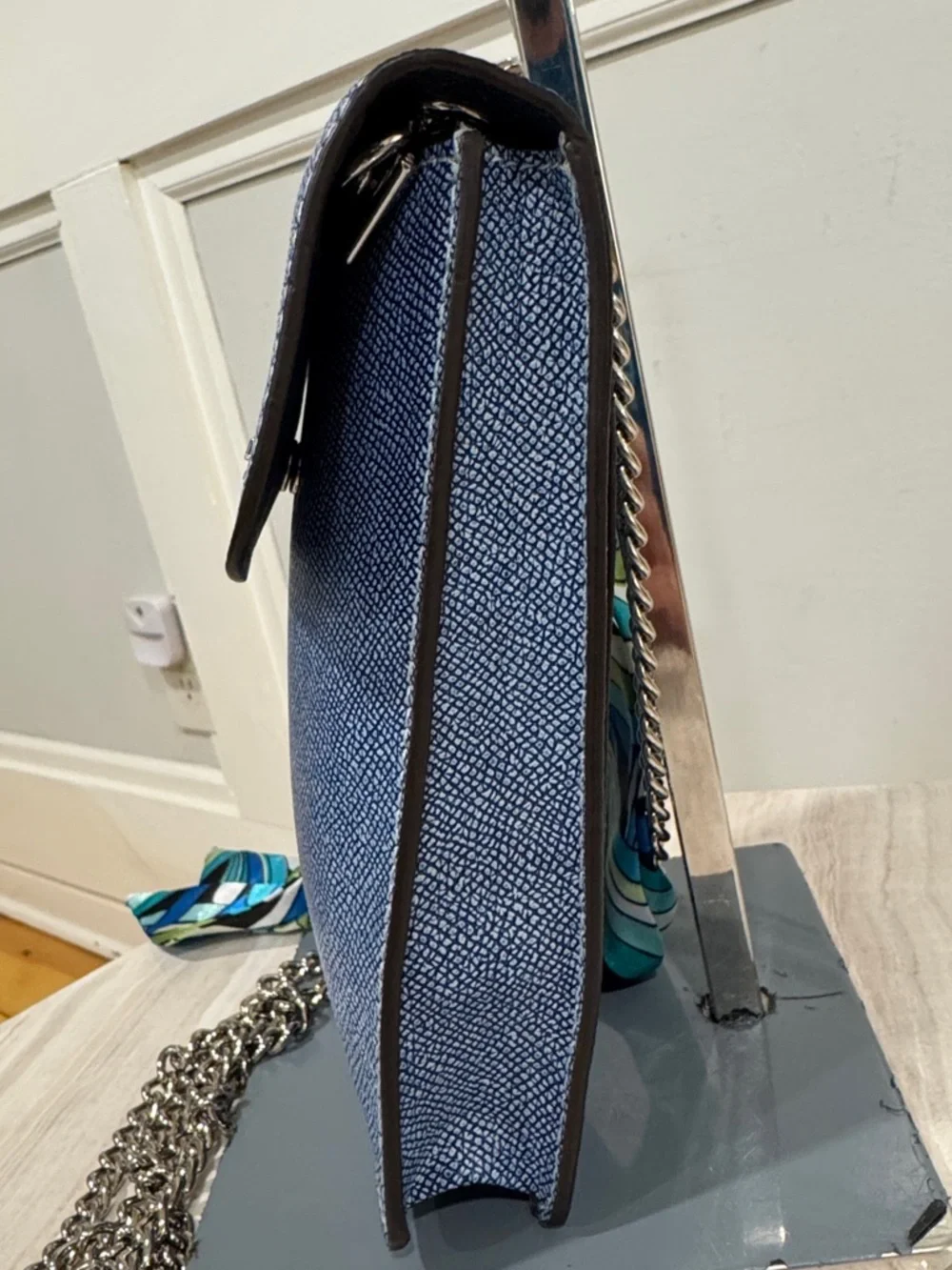 Coach Bag North South Light Denim Blue Leather Crossbody Phone Pouch with Chain